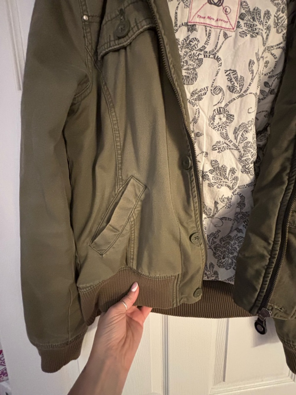 TNA Olive Green Bomber Jacket with Floral Lining - Picture 2 of 10